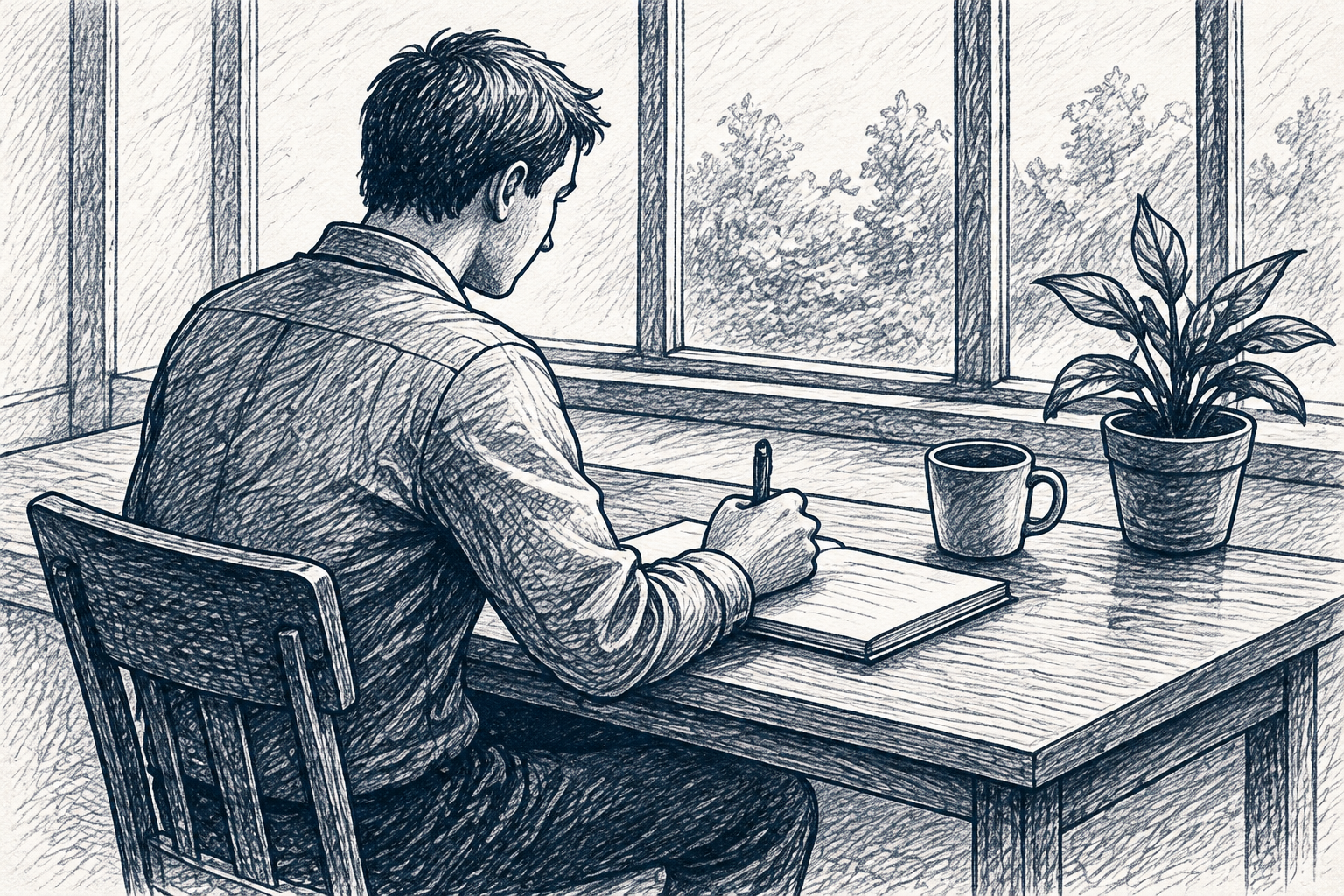 A person writing alone at a desk by a window, quiet and focused