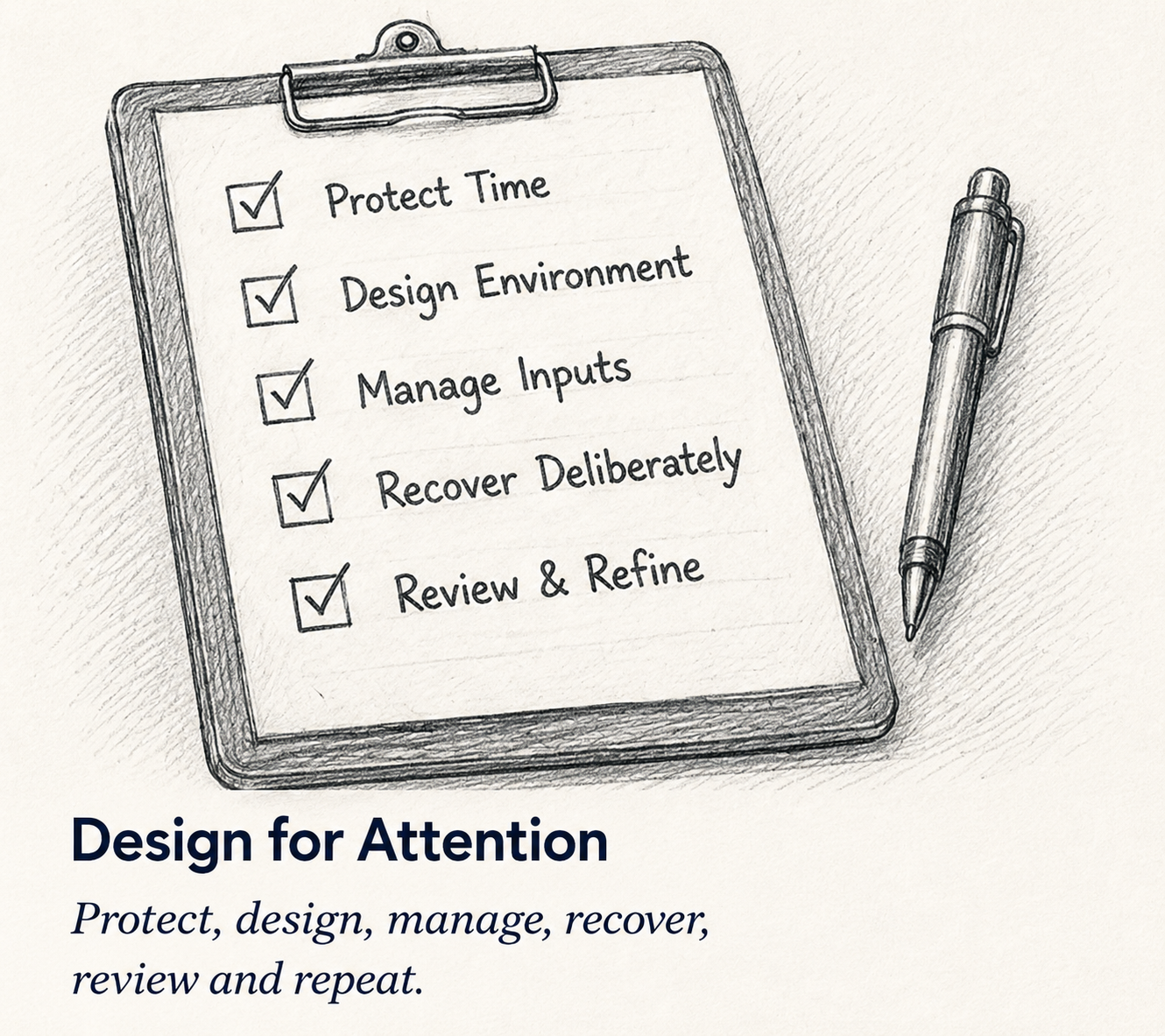 A clipboard checklist reading Protect Time, Design Environment, Manage Inputs, Recover Deliberately, Review and Refine, next to a pen
