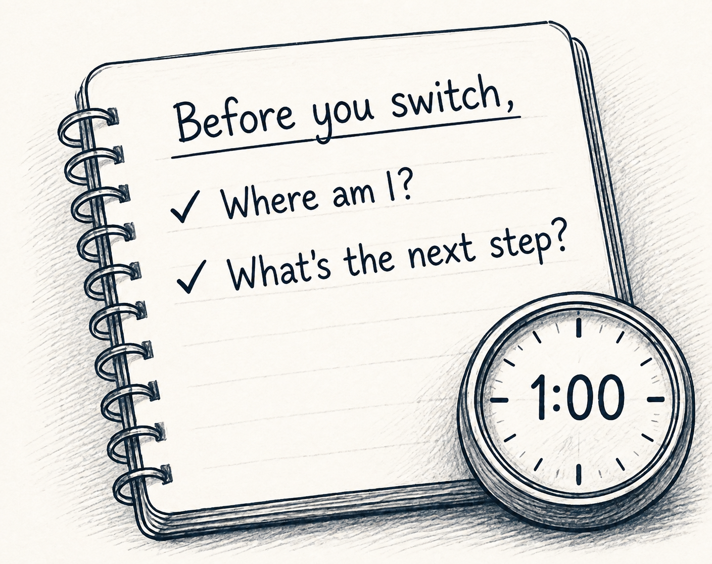 A notebook page reading Before you switch, with a checklist of Where am I and What's the next step, next to a one minute timer