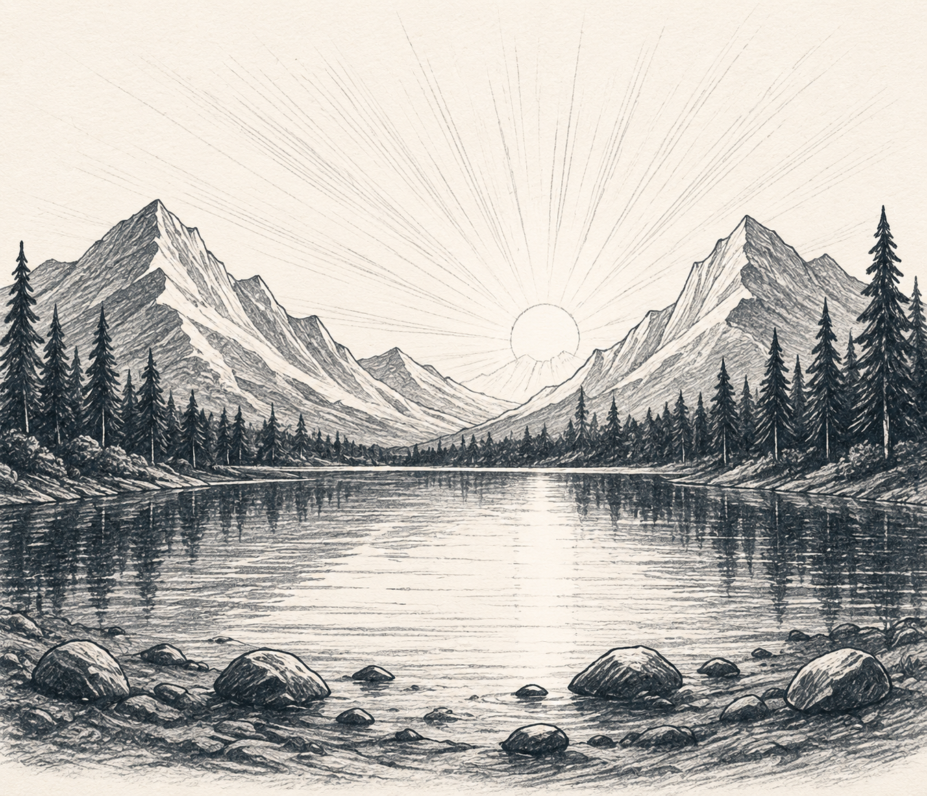 A mountain lake at dawn, still water, clear light