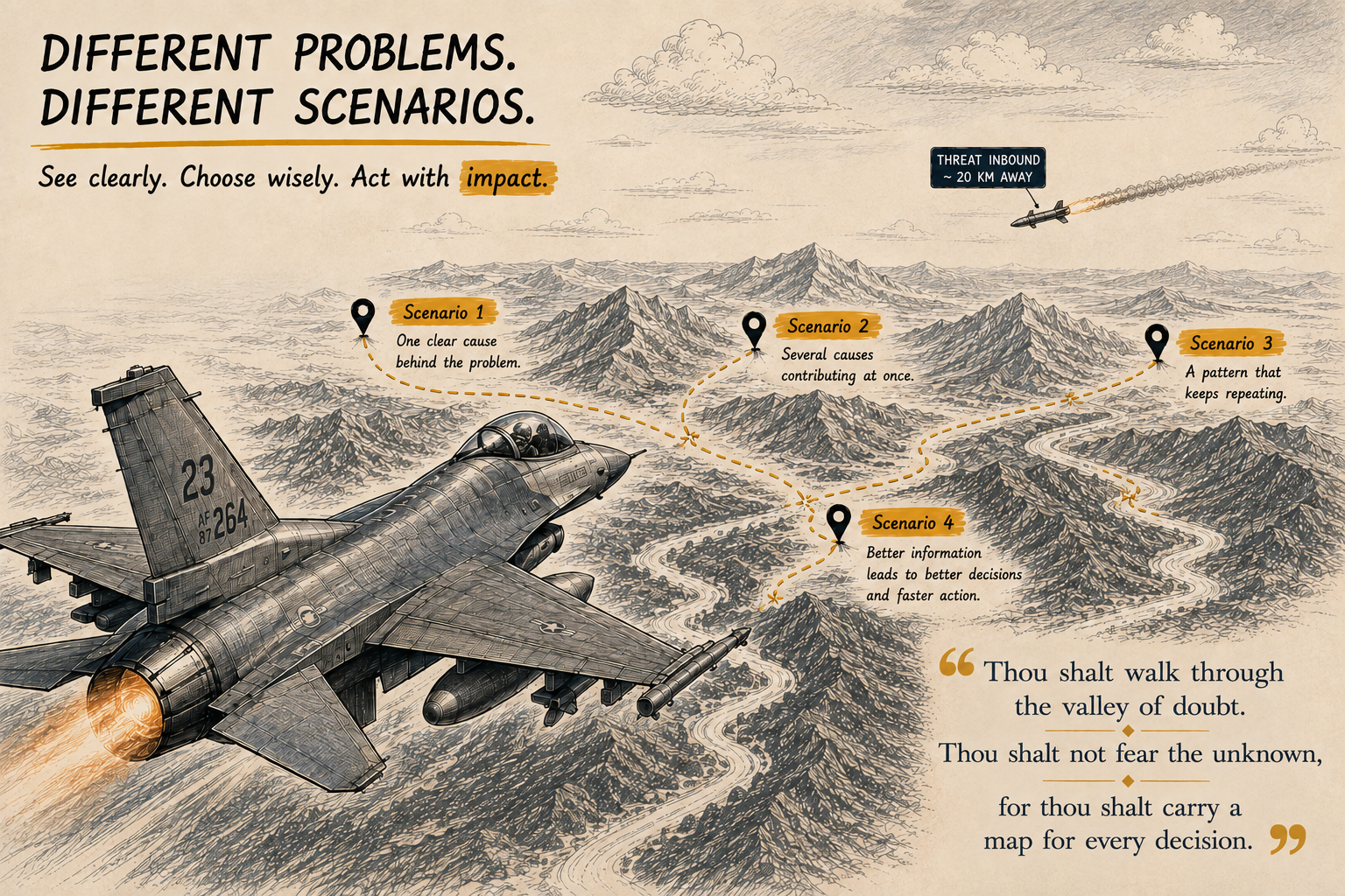 A fighter jet closing in on an inbound heat-seeking missile over mountains marked with different problem scenarios: one clear cause, several causes at once, and a recurring pattern.