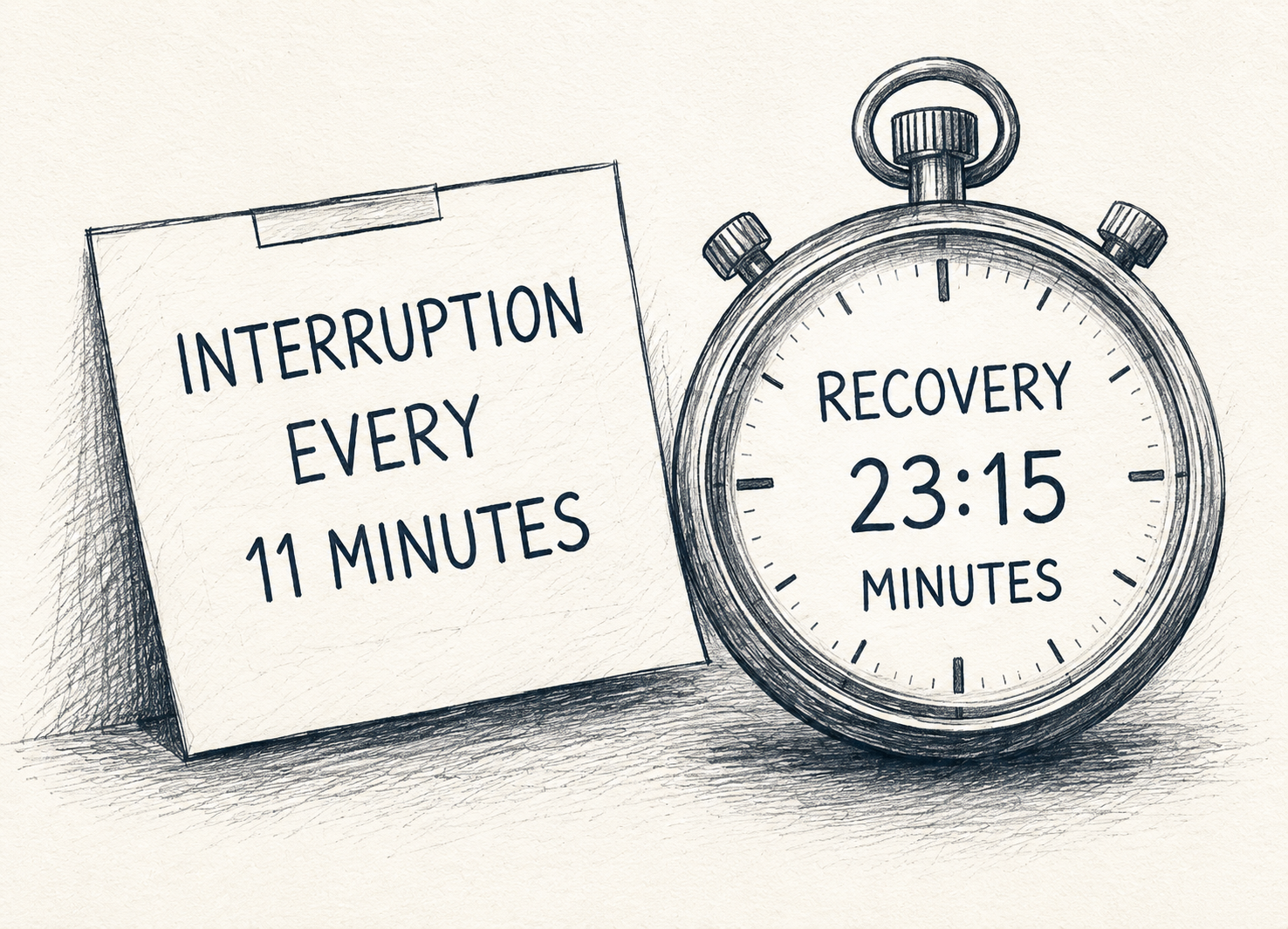 A sticky note reading interruption every 11 minutes, next to a stopwatch reading recovery 23:15 minutes