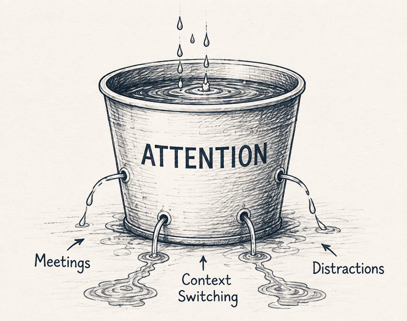 A bucket labeled Attention, leaking from holes labeled Meetings, Context Switching, and Distractions