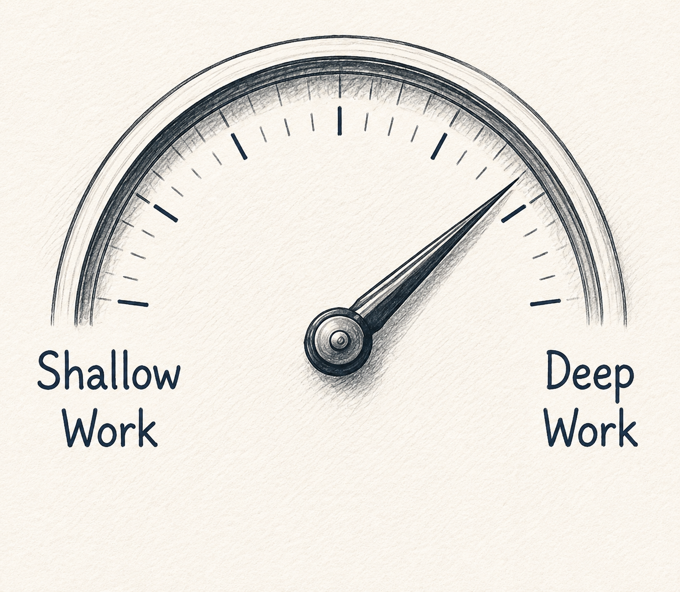 A gauge with a needle pointing between Shallow Work and Deep Work