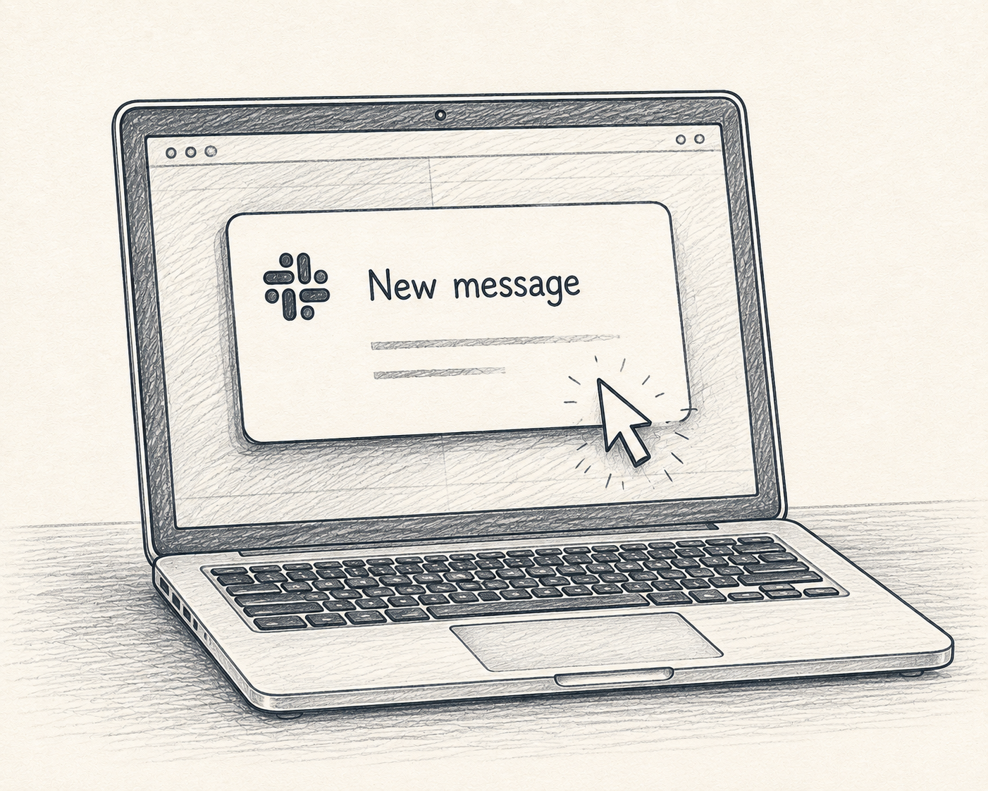 A laptop screen showing a new message notification with a cursor about to click
