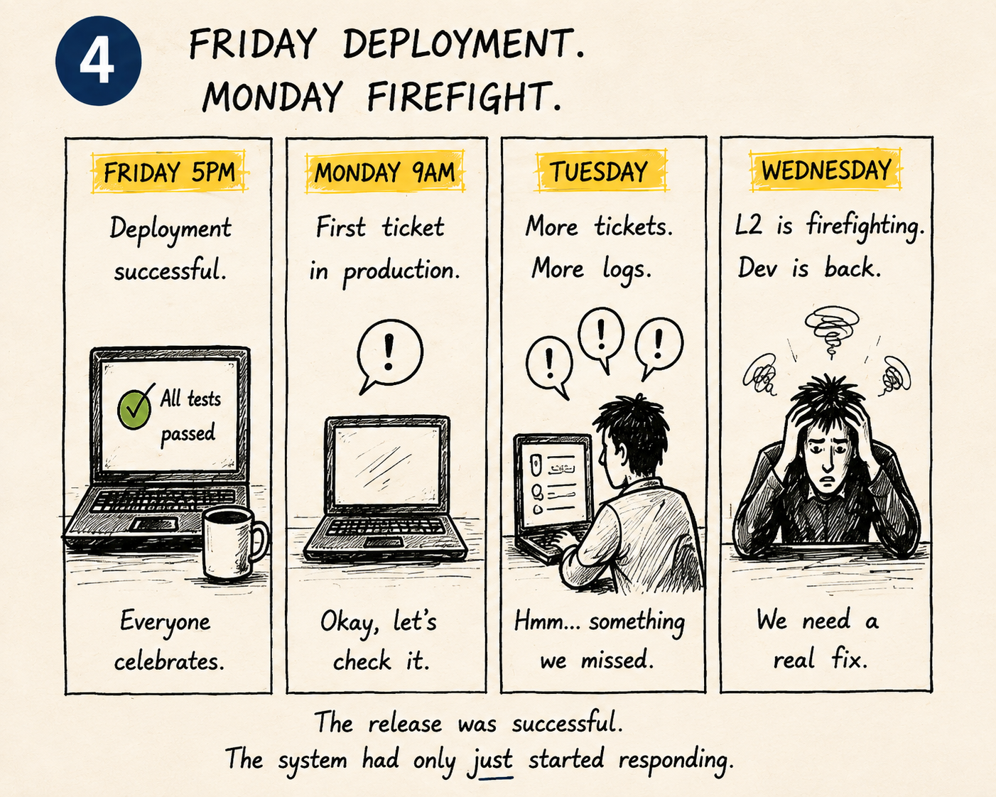 Four-panel comic strip: Friday 5pm, deployment successful, everyone celebrates; Monday 9am, first ticket in production, okay let's check it; Tuesday, more tickets and more logs, something we missed; Wednesday, L2 is firefighting and the developer is back, we need a real fix.